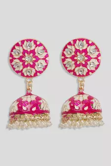 Gold-Plated Handcrafted Dark Pink Meenakari work & Pearls Small Jhumka Earrings Copper