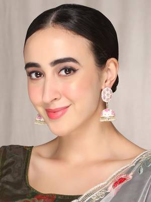 Gold Plated Handcrafted OffWhite and Pink Meenakari work & Pearls Small Jhumka Earrings Copper 2