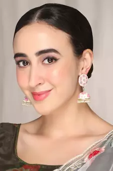 Gold Plated Handcrafted OffWhite and Pink Meenakari work & Pearls Small Jhumka Earrings Copper