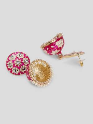 Gold-Plated Handcrafted Dark Pink Meenakari work & Pearls Small Jhumka Earrings Copper 5