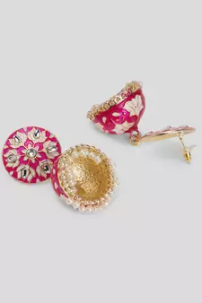 Gold-Plated Handcrafted Dark Pink Meenakari work & Pearls Small Jhumka Earrings Copper