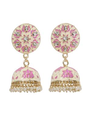 Gold Plated Handcrafted OffWhite and Pink Meenakari work & Pearls Small Jhumka Earrings Copper 3