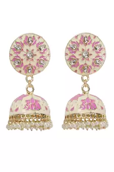Gold Plated Handcrafted OffWhite and Pink Meenakari work & Pearls Small Jhumka Earrings Copper