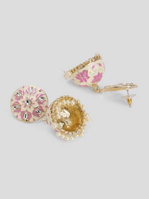 Gold Plated Handcrafted OffWhite and Pink Meenakari work & Pearls Small Jhumka Earrings Copper 4