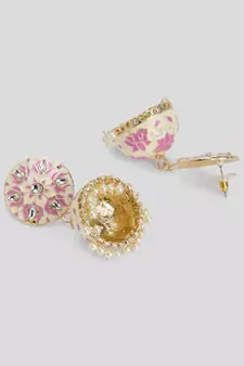 Gold Plated Handcrafted OffWhite and Pink Meenakari work & Pearls Small Jhumka Earrings Copper