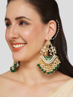 Gold Plated Kundan and Meenakari work ChandBali Jhoomar Earrings Brass with Hair Chains/Kaan Chain  1