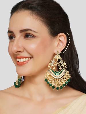 Gold Plated Kundan and Meenakari work ChandBali Jhoomar Earrings Brass with Hair Chains/Kaan Chain  2