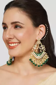 Gold Plated Kundan and Meenakari work ChandBali Jhoomar Earrings Brass with Hair Chains/Kaan Chain 