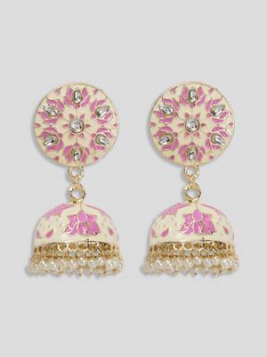 Gold Plated Handcrafted OffWhite and Pink Meenakari work & Pearls Small Jhumka Earrings Copper 5