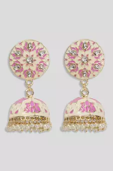 Gold Plated Handcrafted OffWhite and Pink Meenakari work & Pearls Small Jhumka Earrings Copper