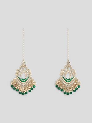 Gold Plated Kundan and Meenakari work ChandBali Jhoomar Earrings Brass with Hair Chains/Kaan Chain  3