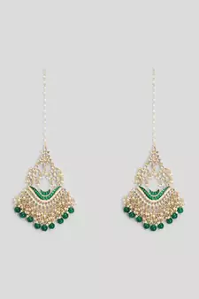 Gold Plated Kundan and Meenakari work ChandBali Jhoomar Earrings Brass with Hair Chains/Kaan Chain 