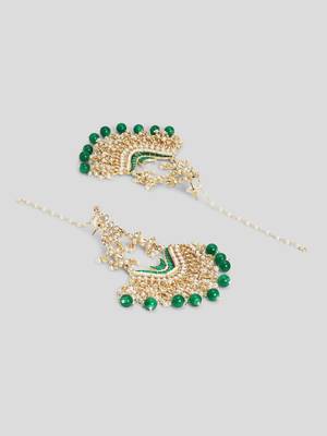 Gold Plated Kundan and Meenakari work ChandBali Jhoomar Earrings Brass with Hair Chains/Kaan Chain  4