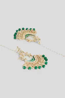 Gold Plated Kundan and Meenakari work ChandBali Jhoomar Earrings Brass with Hair Chains/Kaan Chain 
