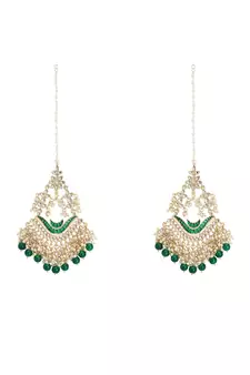 Gold Plated Kundan and Meenakari work ChandBali Jhoomar Earrings Brass with Hair Chains/Kaan Chain 