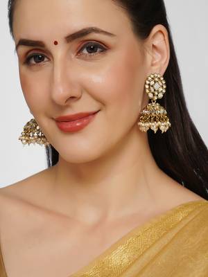 Gold Plated Handcrafted Mirror & Pearls Jhumka Earrings Copper 1