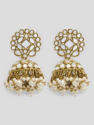 Gold Plated Handcrafted Mirror & Pearls Jhumka Earrings Copper 2