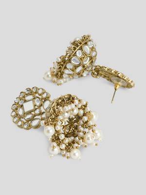 Gold Plated Handcrafted Mirror & Pearls Jhumka Earrings Copper 3