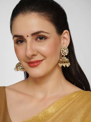 Gold Plated Handcrafted Mirror & Pearls Jhumka Earrings Copper 4