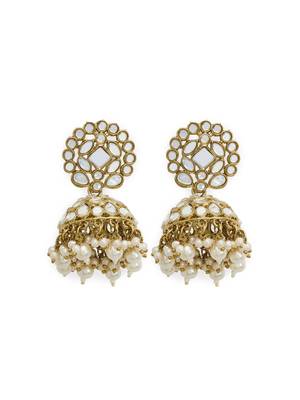 Gold Plated Handcrafted Mirror & Pearls Jhumka Earrings Copper 5