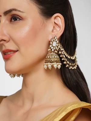 Gold plated Mirror studded Jhumkas with Hair Chains/Kaan Chain and Pearl drops Copper 1