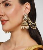 Gold plated Mirror studded Jhumkas with Hair Chains/Kaan Chain and Pearl drops Copper
