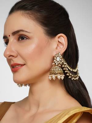 Gold plated Mirror studded Jhumkas with Hair Chains/Kaan Chain and Pearl drops Copper 2