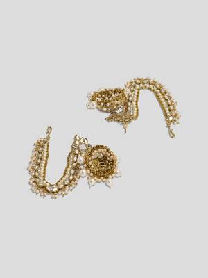 Gold plated Mirror studded Jhumkas with Hair Chains/Kaan Chain and Pearl drops Copper 3