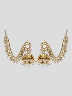Gold plated Mirror studded Jhumkas with Hair Chains/Kaan Chain and Pearl drops Copper 4