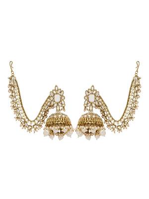 Gold plated Mirror studded Jhumkas with Hair Chains/Kaan Chain and Pearl drops Copper 5