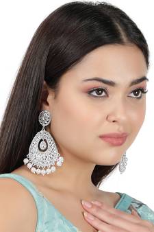 Silver Plated Handcrafted Kundan Embellished Teardrop Dangle Earrings Brass