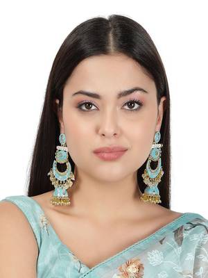 Gold Plated Kundan & Blue Meenakari Classic Chandbali Earrings With pearl drops handcrafted Brass 1