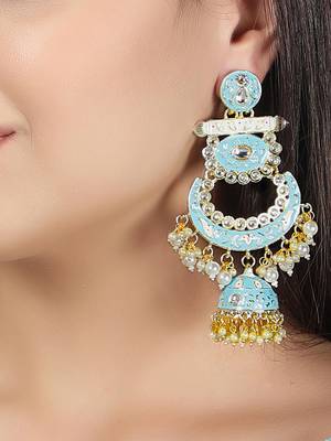 Gold Plated Kundan & Blue Meenakari Classic Chandbali Earrings With pearl drops handcrafted Brass 2