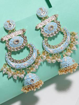 Gold Plated Kundan & Blue Meenakari Classic Chandbali Earrings With pearl drops handcrafted Brass 3