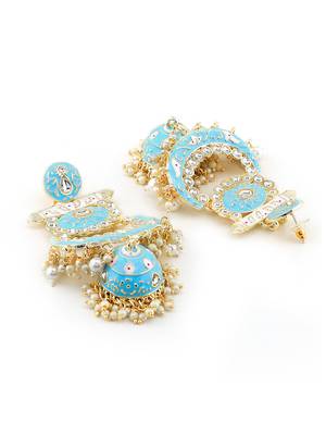 Gold Plated Kundan & Blue Meenakari Classic Chandbali Earrings With pearl drops handcrafted Brass 4