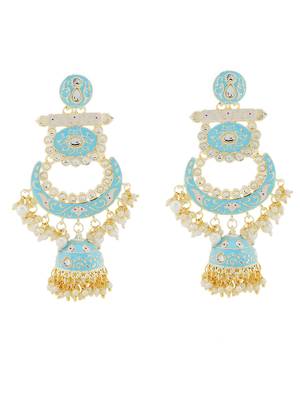 Gold Plated Kundan & Blue Meenakari Classic Chandbali Earrings With pearl drops handcrafted Brass 5