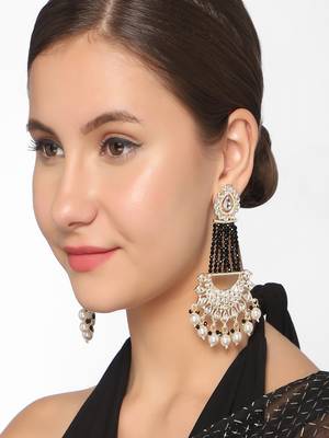 Gold Plated Black Glossy Stones Jhoomar style Chandbali Earrings Brass 1