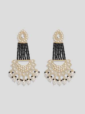 Gold Plated Black Glossy Stones Jhoomar style Chandbali Earrings Brass 2