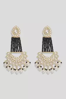 Gold Plated Black Glossy Stones Jhoomar style Chandbali Earrings Brass