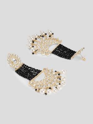 Gold Plated Black Glossy Stones Jhoomar style Chandbali Earrings Brass 3