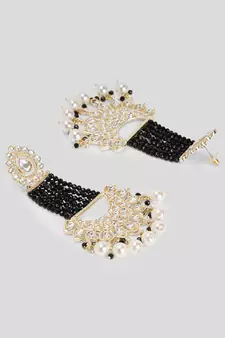 Gold Plated Black Glossy Stones Jhoomar style Chandbali Earrings Brass