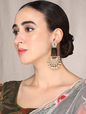 Gold Plated Black Glossy Stones Jhoomar style Chandbali Earrings Brass 4