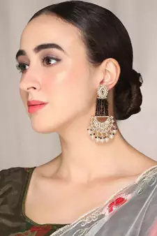 Gold Plated Black Glossy Stones Jhoomar style Chandbali Earrings Brass