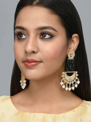 Gold plated Green Glossy Stones Jhoomar style Chandbali Earrings Brass 1