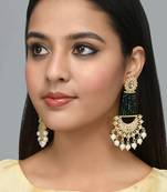 Gold plated Green Glossy Stones Jhoomar style Chandbali Earrings Brass