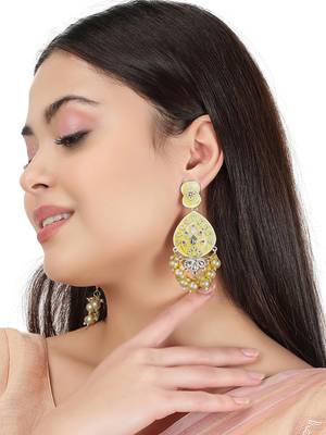 Gold Plated Pastel Yellow Meenakari with Beads Drop Earrings Brass 1