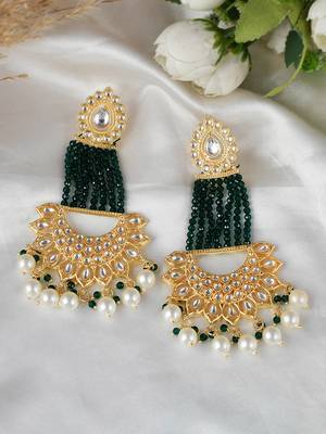 Gold plated Green Glossy Stones Jhoomar style Chandbali Earrings Brass 2
