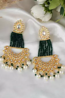 Gold plated Green Glossy Stones Jhoomar style Chandbali Earrings Brass