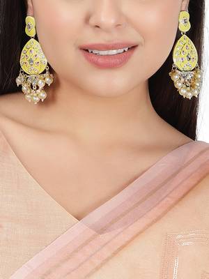 Gold Plated Pastel Yellow Meenakari with Beads Drop Earrings Brass 2