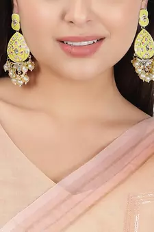 Gold Plated Pastel Yellow Meenakari with Beads Drop Earrings Brass